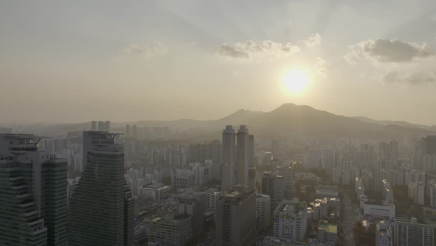 Aerial view over Pyeongchon and Beomgye area at sunset in Anyang City, South Korea