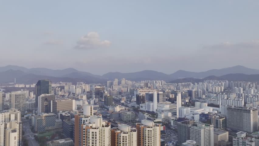 Aerial view over Pyeongchon and Beomgye area at sunset in Anyang City, South Korea