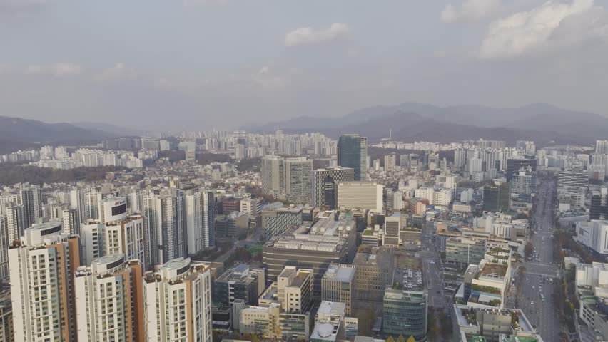 Aerial view over Pyeongchon and Beomgye area at sunset in Anyang City, South Korea