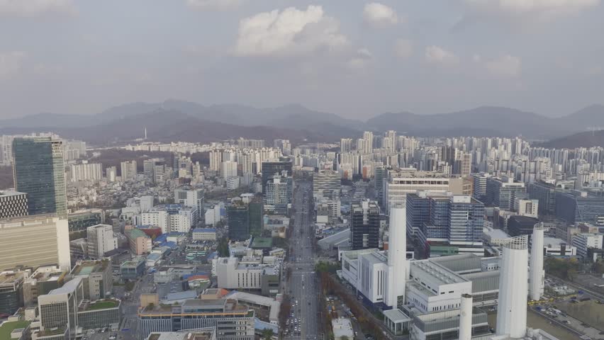 Aerial view over Pyeongchon and Beomgye area at sunset in Anyang City, South Korea