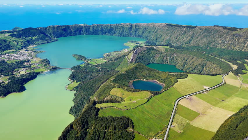 Aerial view of Lagoa Verde and Lagoa Azul, lakes in volcanic craters at Sete Cidades, Natural landscape Sao Miguel island, Azores, Portugal