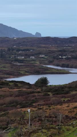 Aerial view of Lough fad with Irelands biggest sea stack called Tormore County Donegal, Republic of Ireland