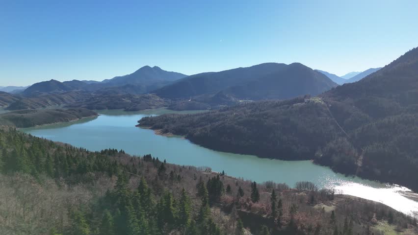 Aerial Drone View of Lake Plastiras Surrounded by Forest, Greece