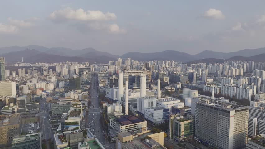 Aerial view over Pyeongchon and Beomgye area at sunset in Anyang City, South Korea