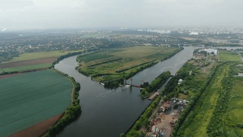 Drone Ascending above Winding River Green Valley