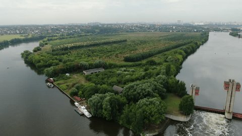 Drone Moving Forward above River Landscape