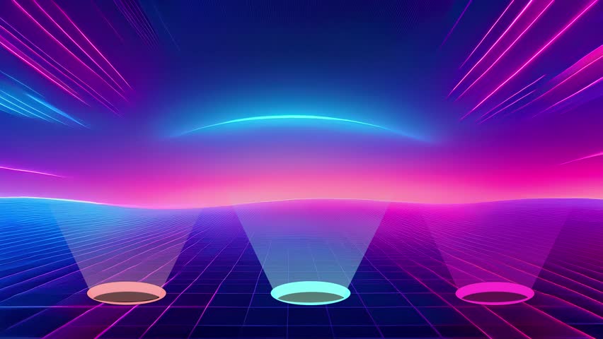 This vibrant and imaginative 3D motion graphic features three distinct glowing portals or fountains on a futuristic neon grid floor. From each portal, a unique stream of symbols bursts upward into a stylized sunset sky: bright red hearts on the left, cheerful white daisies in the center, and elegant yellow roses on the right. The background is a stunning fusion of synthwave and retro-futuristic aesthetics, characterized by deep blues, purples, and radiant pink light trails that give the scene a high-energy, cinematic feel.

The animation is perfectly suited for a variety of digital projects, including Valentine