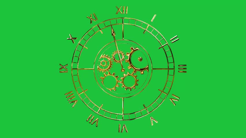 Vintage golden clockwork animation on green screen background, Roman numeral clock with rotating gears and moving hands