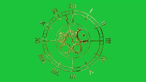 Vintage golden clockwork animation on green screen background, Roman numeral clock with rotating gears and moving hands - Powered by Shutterstock - Get 15% off with code: PIKWIZARD15