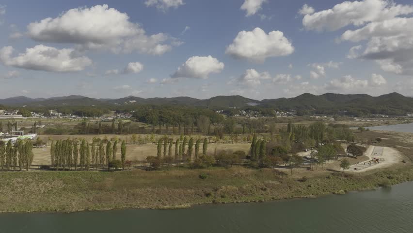 Aerial view over suspension bridge and natural landscape in Yeoju City, South Korea