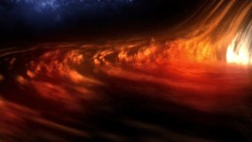 Dramatic detailed panning view of a glowing black hole in outer space, with glowing accretion disk and warped light against a star filled cosmic background. 14993 - Powered by Shutterstock - Get 15% off with code: PIKWIZARD15