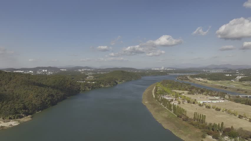 Aerial view over suspension bridge and natural landscape in Yeoju City, South Korea