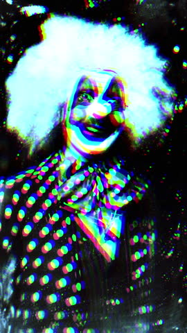 Glitch Art Portrait Of A Neon Blue Clown Mask With Distorted Facial Features And Surreal Glow Vertical Video