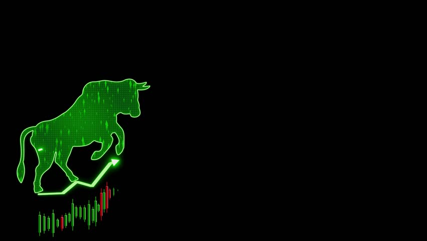 Stock market bull run concept with green neon bull and ascending graph symbolizing strong demand economic growth and investor optimism 3D Rendering
