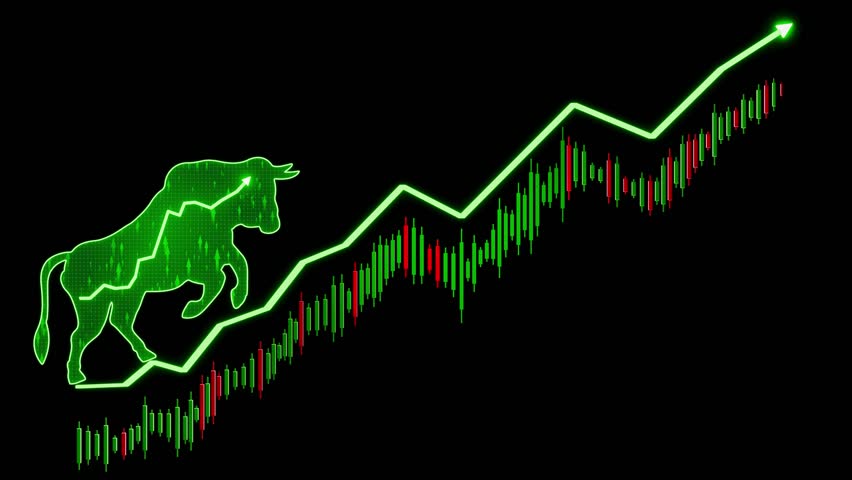 Stock market bull run concept with green neon bull and ascending graph symbolizing strong demand economic growth and investor optimism 3D Rendering
