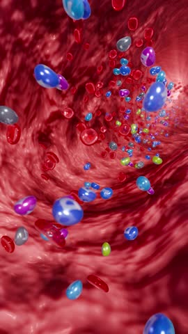 Colorful vitamin molecules and erythrocytes, microscopic bloodstream view of nutrient balance and wellness, 3D Rendering
