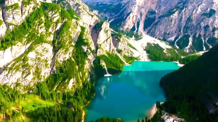 Aerial View of Lake Braies (Pragser Wildsee) in Dolomites, Italy