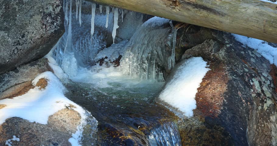 A wintry brook flows over rocks with snow and ice formations. A log crosses the scene providing a stark contrast to the cold scene. High Tatras National Park, Slovakia, Europe. Slow motion footage.