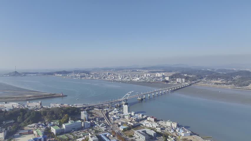 Aerial view over Gunsan city center area in Jeollabuk-do, South Korea