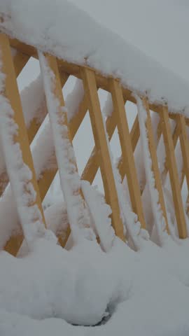 Snow Falling on Wooden Fence, Winter Texture Background 4K
