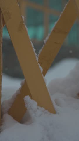 Snow Falling on Wooden Fence, Winter Texture Background 4K