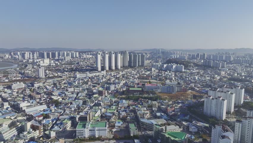 Aerial view over Gunsan city center area in Jeollabuk-do, South Korea