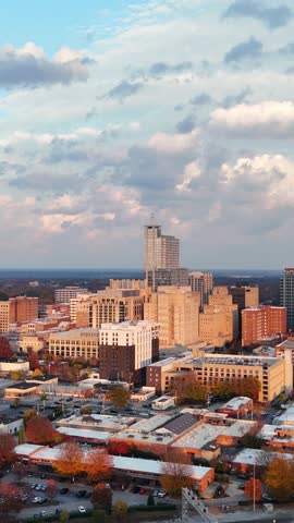 Vertical aerial view of Raleigh downtown skyline under soft afternoon light.