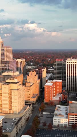 Vertical aerial view of downtown Raleigh, North Carolina, USA with modern skyline and autumn colors.