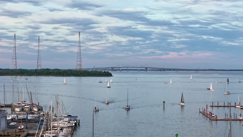 Overlooking Chesapeake Bay Bridge Near Annapolis In Maryland, United States. Timelapse