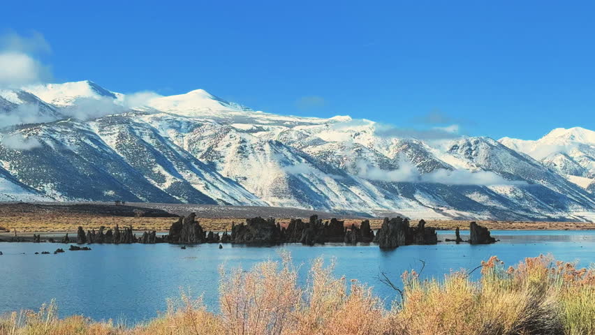 Mono Lake tufa towers rise from calm blue water beneath snow covered Sierra Nevada peaks, with golden shrubs in the foreground on a clear winter day.