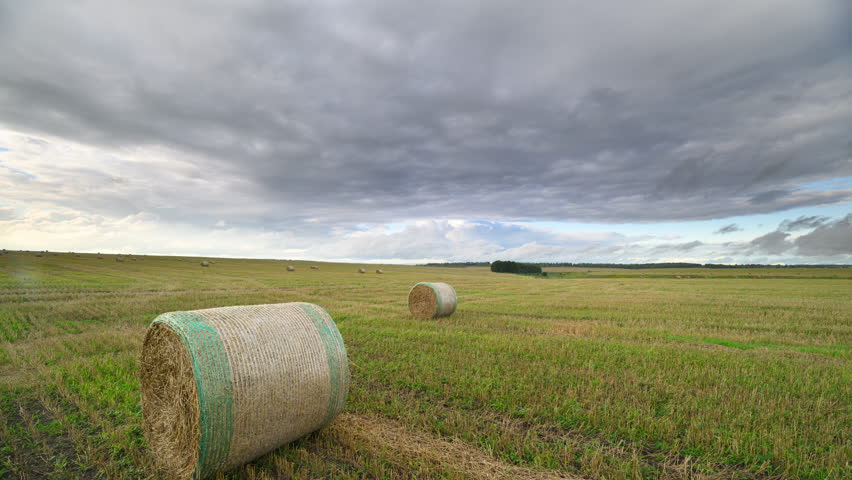 A Serene Landscape Featuring Hay Bales Set Beneath a Dramatic and Cloudy Sky Above