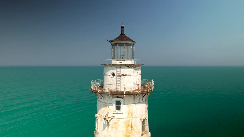 Close up view of light on historic Chicago harbor lighthouse in the middle of Lake Michigan.