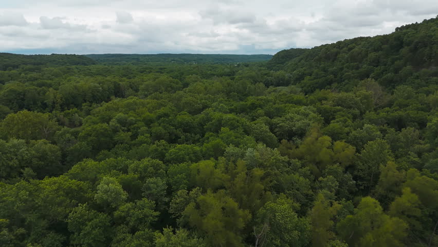 Fly Over Evergreen Forest Through The River Near Lake Eucha In Tagg Flats, Oklahoma, USA. Aerial Drone Shot