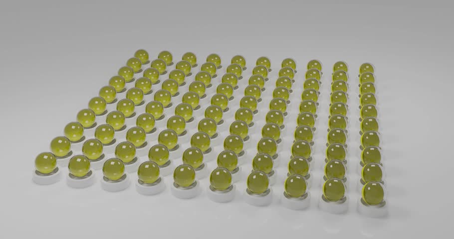 4K video of a yellow kinetic sculpture concept. A giant half-yellow sphere pushes through rows of spinning micro spheres, creating a chaotic wave effect as they interact and fall back to place. Bright yellow color palette against a stark white infinite background.