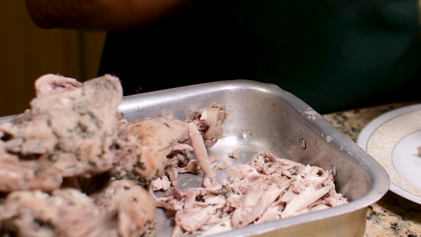 Close-up of woman's hands shredding cooked chicken to prep for a home made meal.