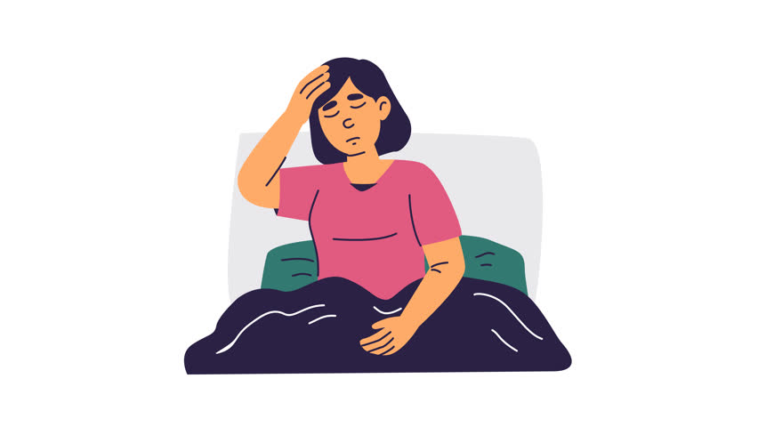 An illustration of a woman in bed experiencing a headache or migraine. She appears unwell, reflecting discomfort and pain. This image symbolizes sickness, rest, and the human experience of feeling