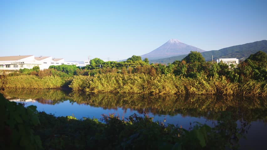 Sunrise over River and Mt Fuji in Shizuoka Prefecture, Japan