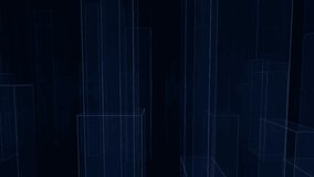 An abstract, dark blue digital representation of a cityscape or corridor, featuring glowing wireframe outlines of tall, geometric buildings receding into the dark background, suggesting a futuristic o - Powered by Shutterstock - Get 15% off with code: PIKWIZARD15