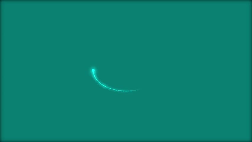 A minimalist abstract graphic featuring a small, bright cyan glowing particle leaving a sparkling trail as it moves along a gentle arc across a solid, deep teal colored background. Ideal for concepts