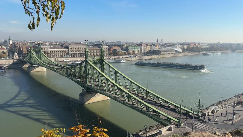 Historical Liberty bridge over the River Danube in Budapest, Hungary, view from the Gellert Hill at autumn sunny day
