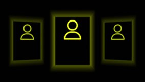 Abstract digital data processing on three glowing neon screens. Technology background loop animation with user profile interface and data loading bars. - Powered by Shutterstock - Get 15% off with code: PIKWIZARD15