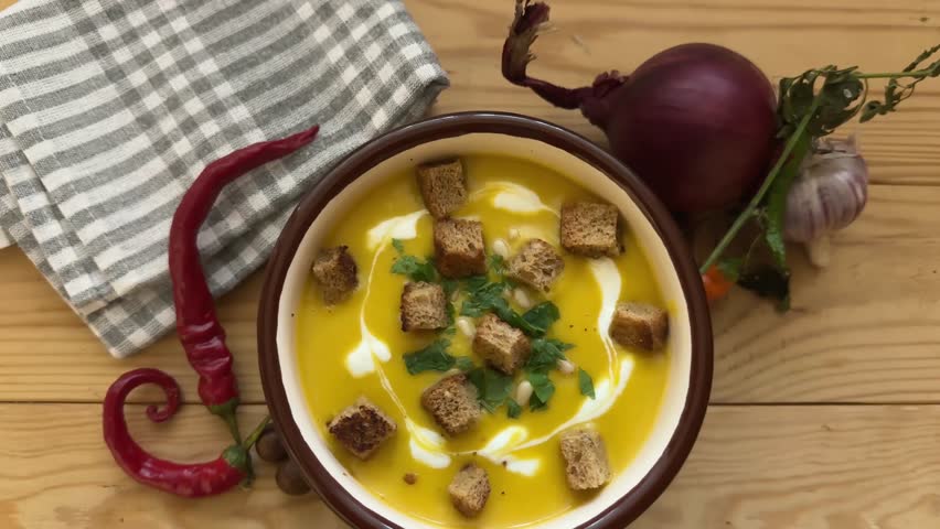Serving of soup-puree made with butternut pumpkin and red lentil, seasoned with sour cream, diced croutons and fresh chopped greens in the ceramic bowl, top view while panning
