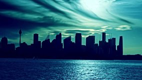 Harbor Reflects Moody Evening Hues, Cityscape Bathed In Serene Twilight With Shimmering Water Reflections - Powered by Shutterstock - Get 15% off with code: PIKWIZARD15