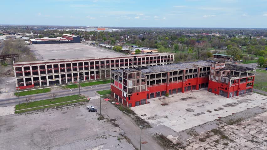 Partially demolished Packard car factory in Detroit, Michigan, industrial ruins