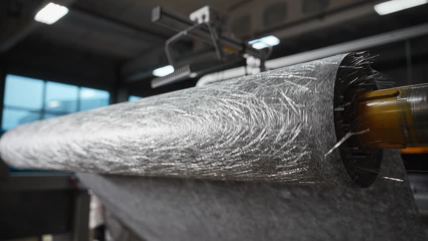 Fiberglass Fabric Unrolling, Industrial Setting Showcasing Fiber Tension And Precise Material Handling