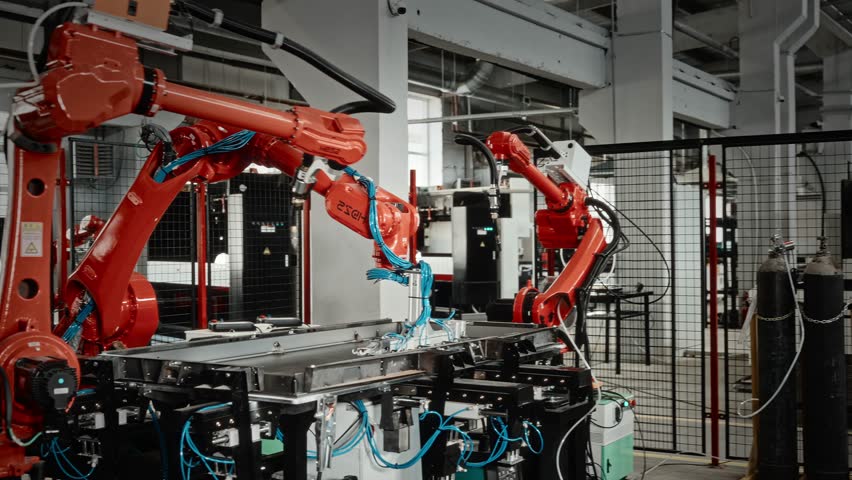 Automated Manufacturing With Robotic Arms, Industrial Automation Performing Assembly And Inspection Tasks