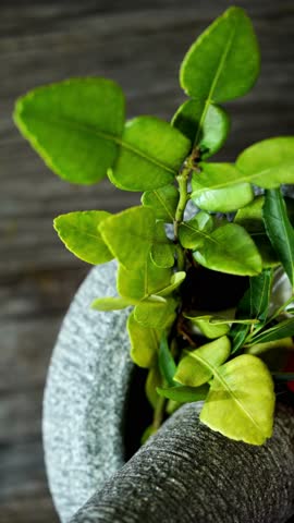 Vertical panning shot of stone mortar filled with fresh kaffir lime leaves red chilies and garlic ready for cooking preparation