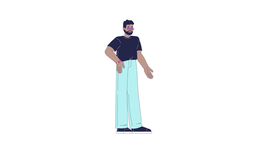 Stylish streetwear black man gesturing promoting 2D character animation. African american guy in pink tinted glasses presenting explaining animated person cartoon 4K video isolated on transparent