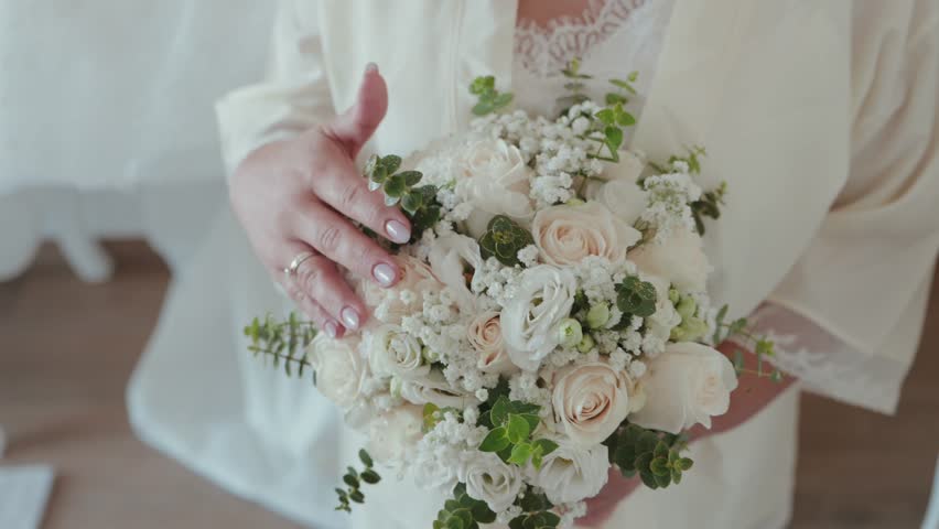 Close view of bride hands holding white floral wedding bouquet