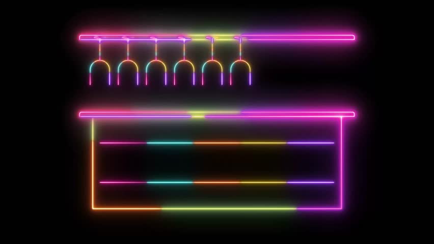 Bar Counter Outline Neon Glow Animation on Black Background, Modern Nightclub Bar Icon with Colorful LED Lights, Futuristic Pub Counter Symbol for Hospitality, Party, Lounge and Event Videos Projects